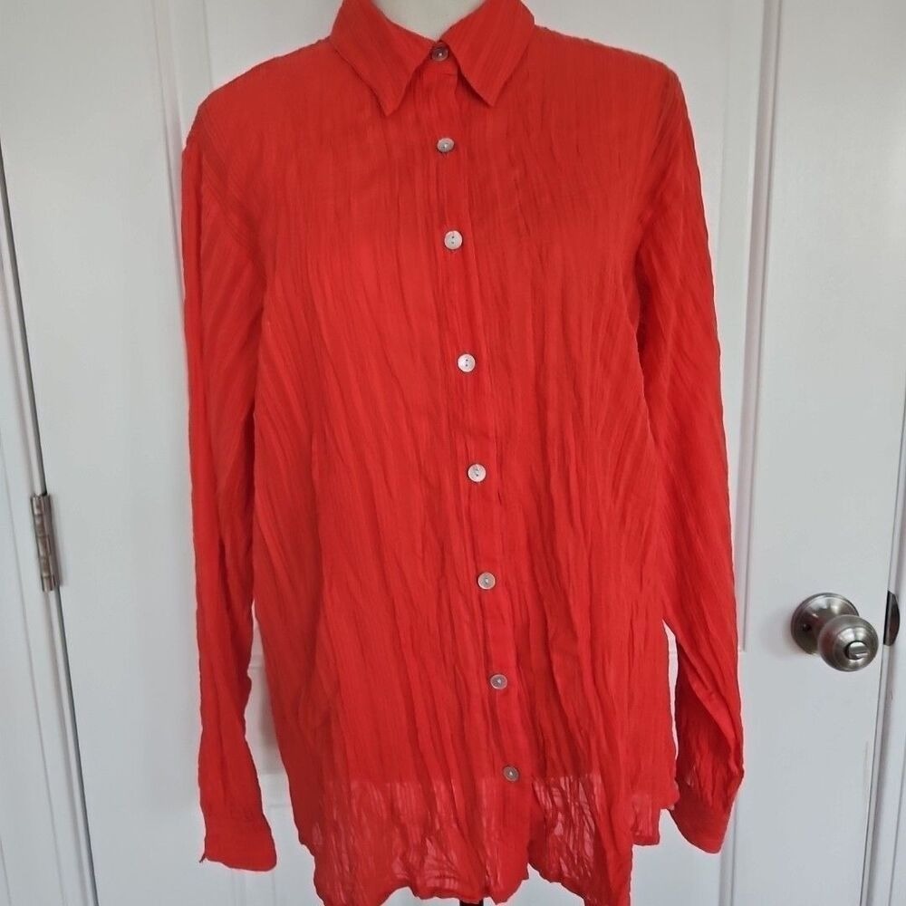 CHICO'S  Cora/Orange l Sheer‎ Crinkle Collared Top